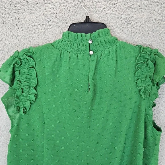 CeCe Womens Top Sz S Green Swiss Clip Dot Mock Neck Ruffles Teacher Career - Picture 8 of 12